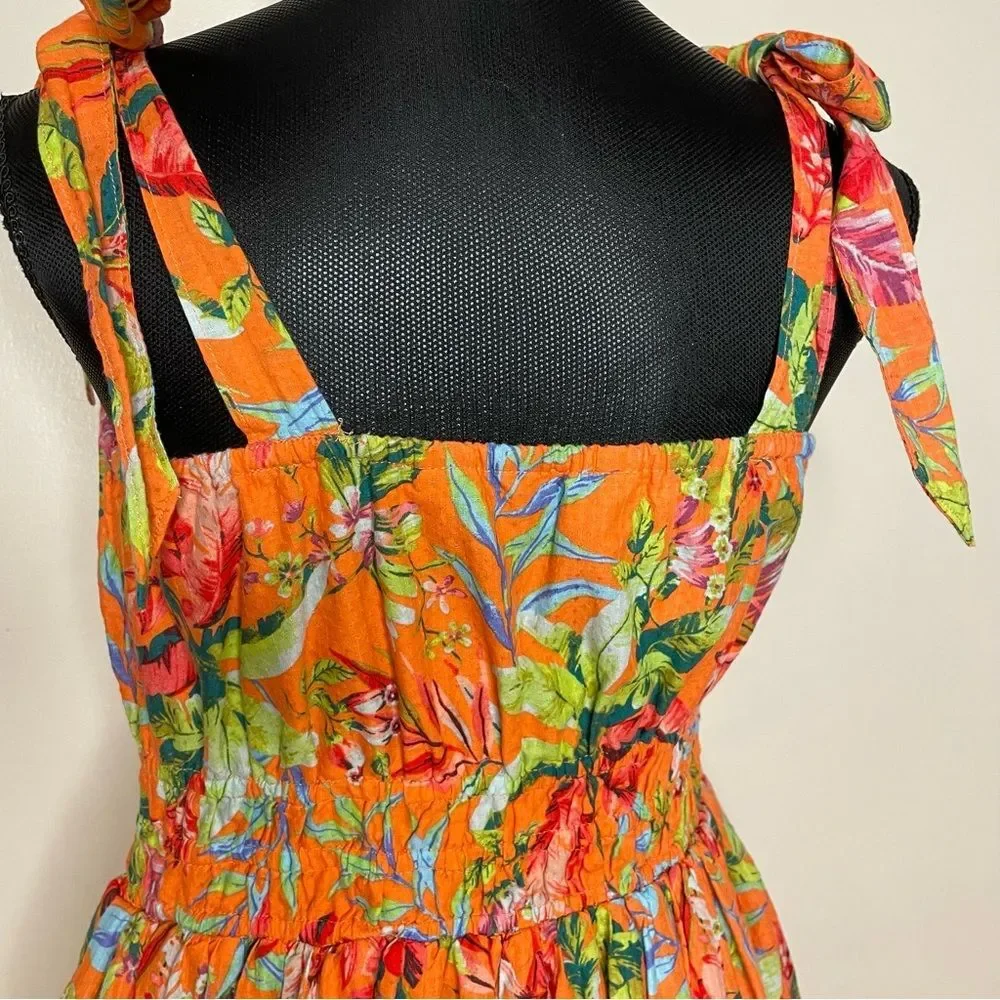 Lands End Tropical Sundress Floral Midi Lined Sleeveless Orange Green Small 6-8 - Picture 3 of 11